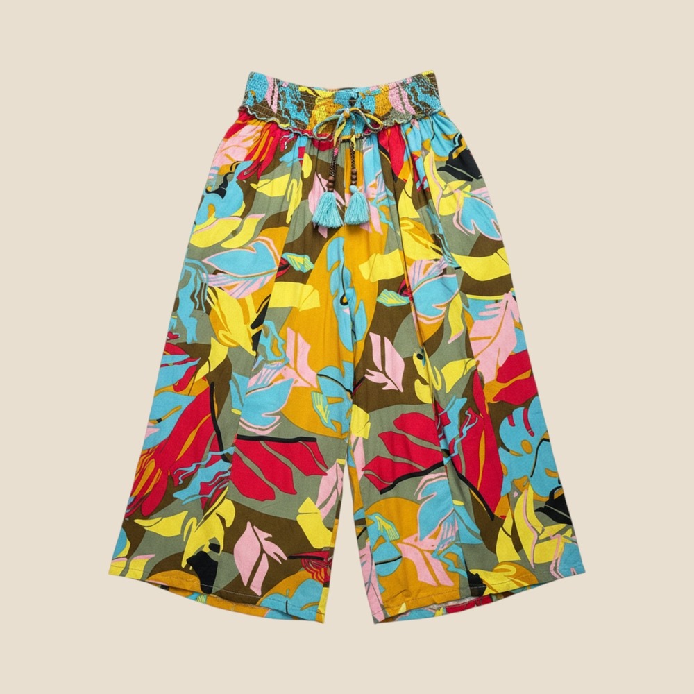 Wide Leg Pants L Leaf Print Rayon Culottes Maximalist Bright Tropical Smocked